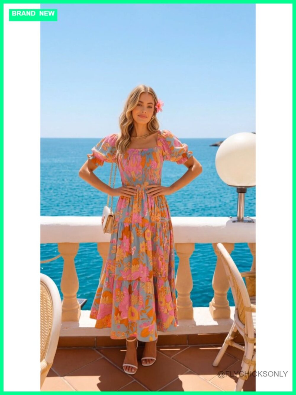 Boho Floral Print Square Neck Ruffle Swing Beach Maxi Dress - Picture 7 of 7